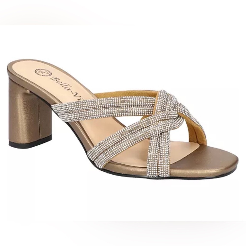 New Bella Vita Metallic BronE Crystal-Knot Block Heel Sandals Sz 5.5